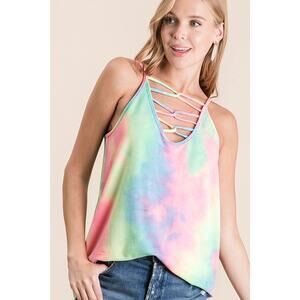 Pastel Tie Dye Caged Neck French Terry Knit Sleeveless Top